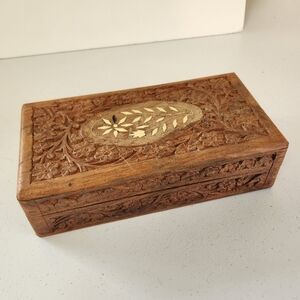 Vintage Rustic Carved Rosewood Floral Trinket Jewelry Box Bone Inlay Eclectic